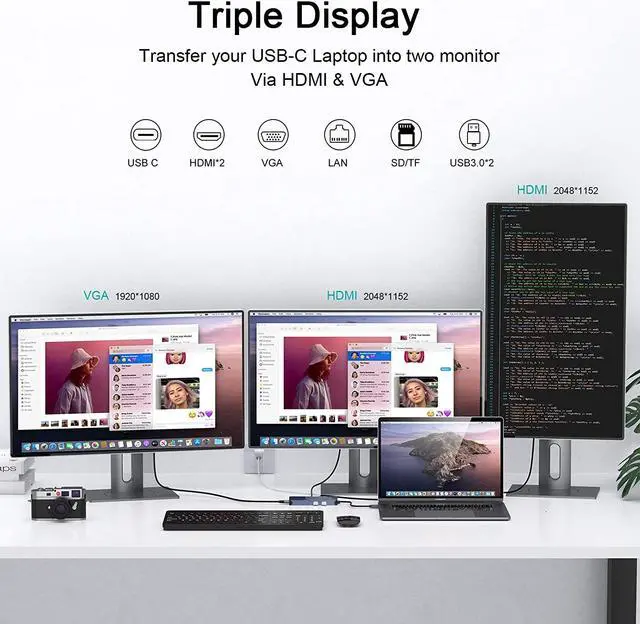 Alt view image 5 of 7 - USB Docking Station GIQ USB C Hub USB 3.0 to Dual HDMI VGA Adapter Triple Display USB C Laptop Docking Station Dual Monitors Compatible with MacBook M1 USB Dock