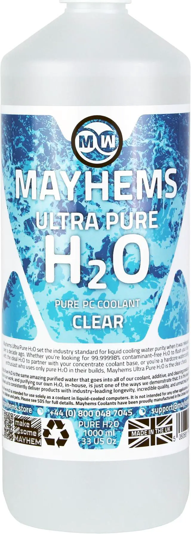 Main image of Mayhems - PC Coolant - Ultra Pure H2O - High Purity - Low Electrical Conductivity | 1 Liter (MH2O1L)