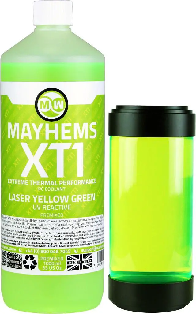 Main image of Mayhems - PC Coolant - XT1 Premix - Thermal Performance Series - UV Fluorescent | 1 Liter - Laser Yellow Green (MXTP1LYG)