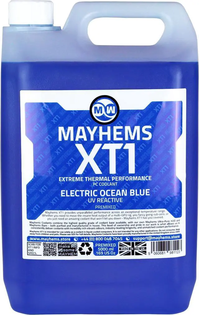 Main image of Mayhems - PC Coolant - XT1 Premix - Thermal Performance Series - UV Fluorescent | 5 Liter - Electric Ocean Blue (MXTP5LBL)
