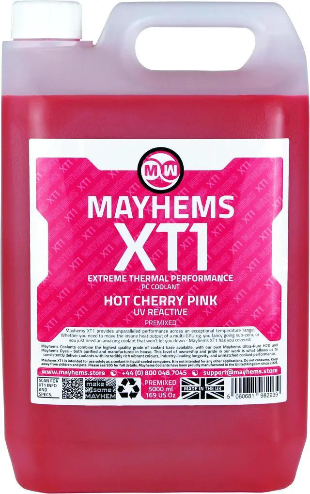 Main image of Mayhems - PC Coolant - XT1 Premix - Thermal Performance Series - UV Fluorescent | 5 Liter - Hot Cherry Pink (MXTP5LPI)