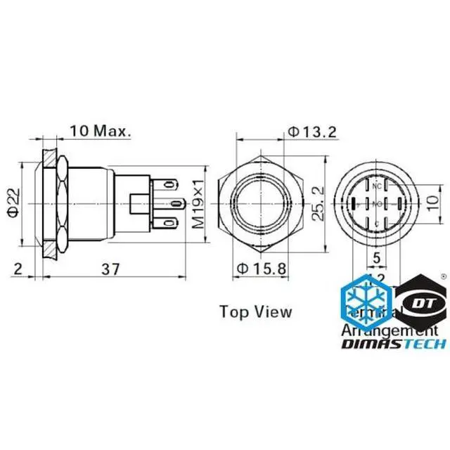 Alt view image 5 of 7 - DimasTech® 19mm Vandal Resistant "Momentary" Bulgin Switch - Black Housing - Yellow LED (PD048)