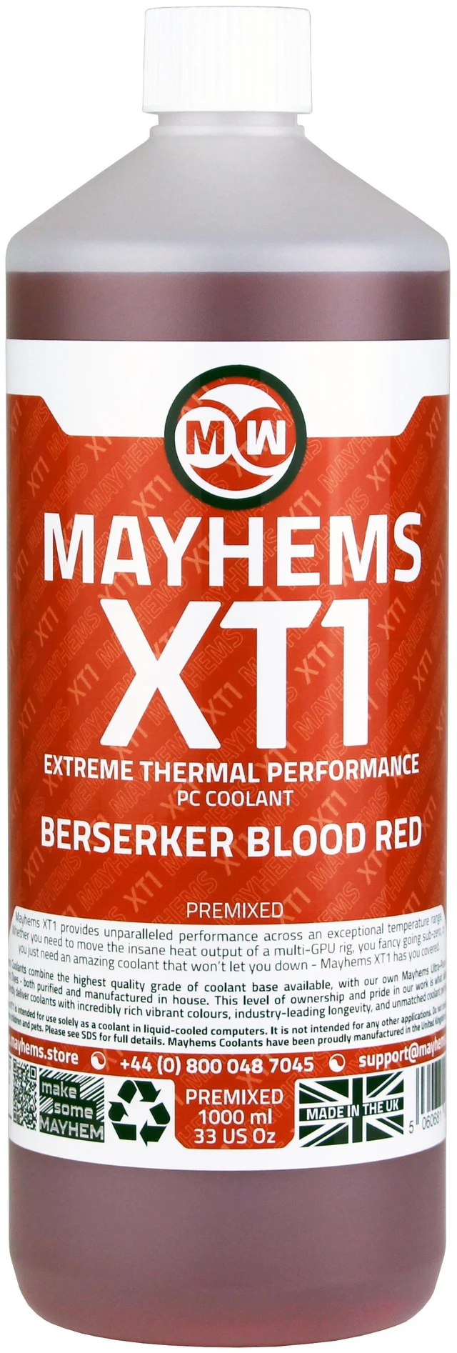Alt view image 3 of 6 - Mayhems - PC Coolant - XT1 Premix - Thermal Performance Series - 1 Liter - Berserker Blood Red (MXTP1LBR)