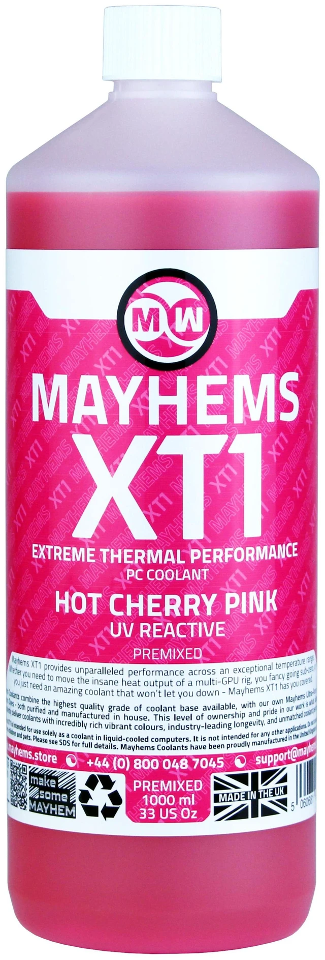 Alt view image 6 of 7 - Mayhems - PC Coolant - XT1 Premix - Thermal Performance Series - UV Fluorescent | 1 Liter - Hot Cherry Pink (MXTP1LPI)