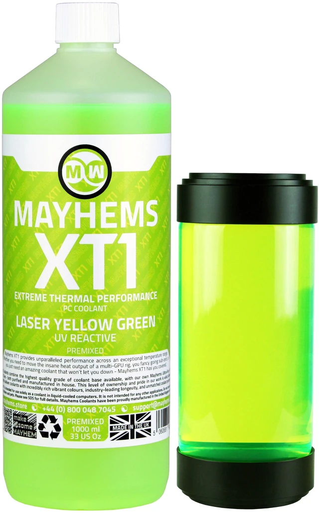 Alt view image 5 of 7 - Mayhems - PC Coolant - XT1 Premix - Thermal Performance Series - UV Fluorescent | 1 Liter - Laser Yellow Green (MXTP1LYG)