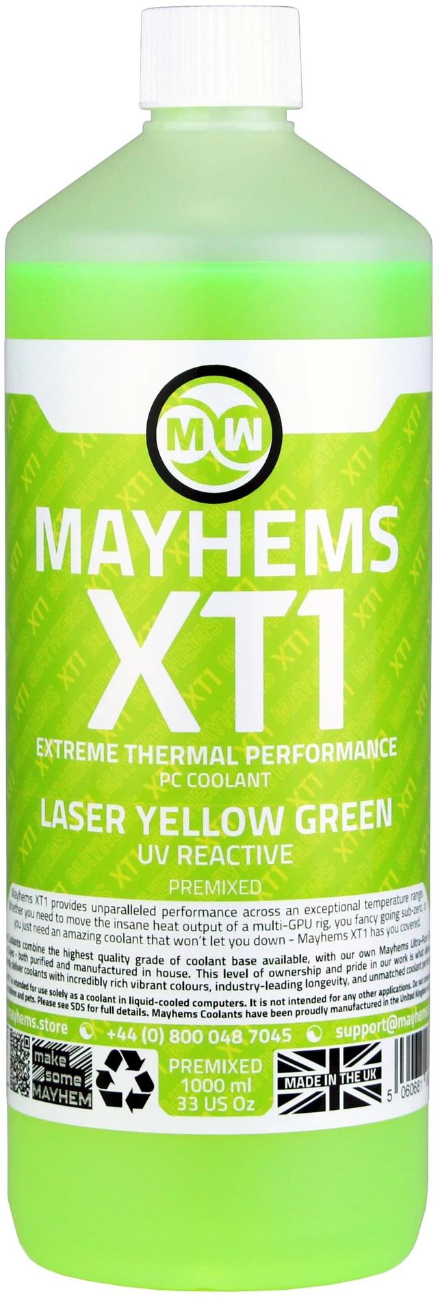 Alt view image 6 of 7 - Mayhems - PC Coolant - XT1 Premix - Thermal Performance Series - UV Fluorescent | 1 Liter - Laser Yellow Green (MXTP1LYG)
