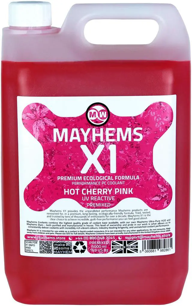 Alt view image 4 of 6 - Mayhems - PC Coolant - X1 Premix - Eco Friendly Series - UV Fluorescent | 5 Liter - Hot Cherry Pink (MX1P5LPI)