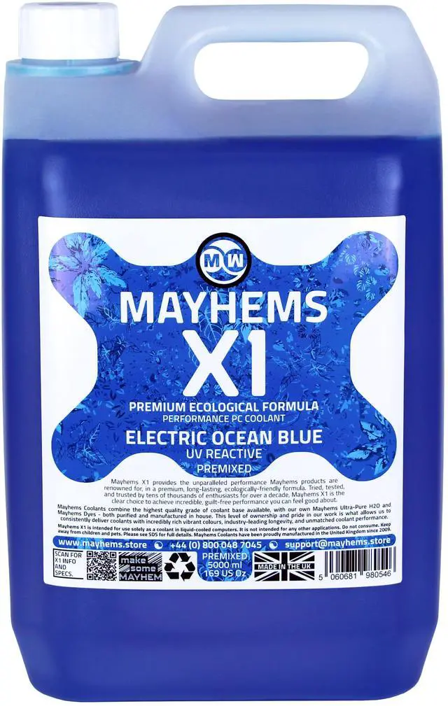 Alt view image 4 of 6 - Mayhems - PC Coolant - X1 Premix - Eco Friendly Series - UV Fluorescent | 5 Liter - Electric Ocean Blue (MX1P5LBL)
