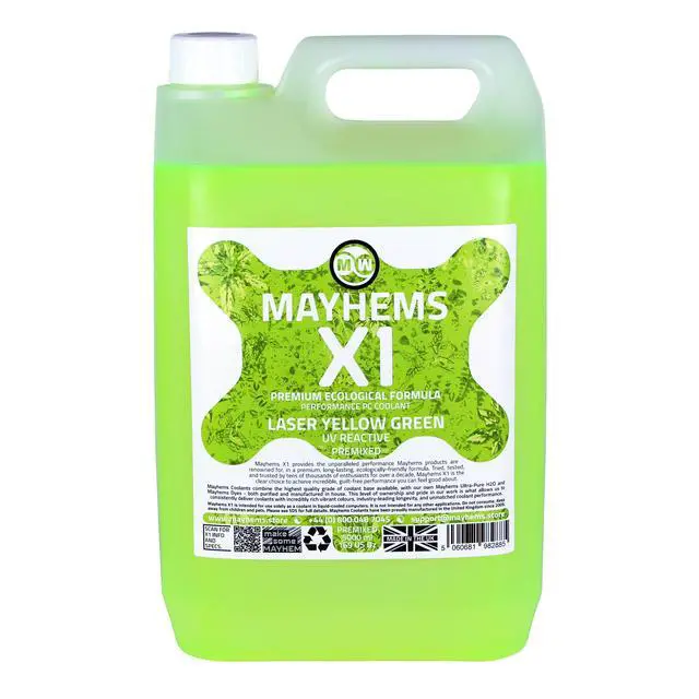 Alt view image 4 of 6 - Mayhems - PC Coolant - X1 Premix - Eco Friendly Series - UV Fluorescent | 5 Liter - Laser Yellow Green (MX1P5LYG)