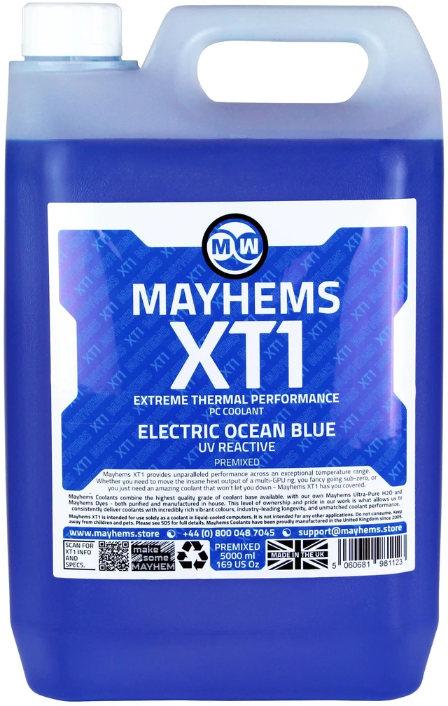 Alt view image 4 of 6 - Mayhems - PC Coolant - XT1 Premix - Thermal Performance Series - UV Fluorescent | 5 Liter - Electric Ocean Blue (MXTP5LBL)