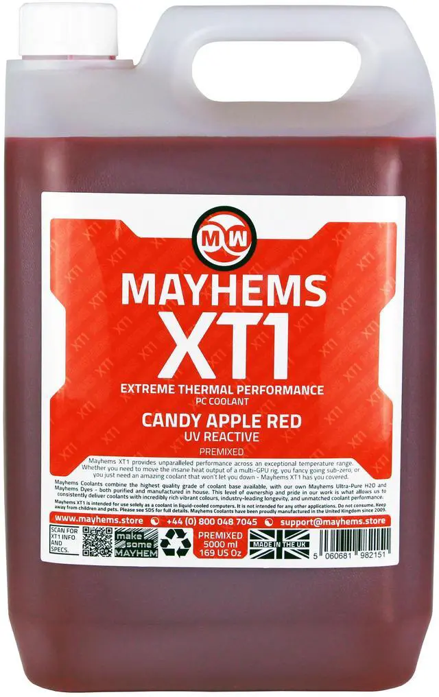 Alt view image 2 of 4 - Mayhems - PC Coolant - XT1 Premix - Thermal Performance Series - UV Fluorescent | 5 Liter - Candy Apple Red (MXTP5LRE)