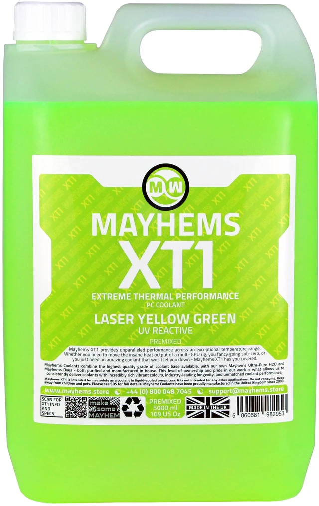 Alt view image 2 of 4 - Mayhems - PC Coolant - XT1 Premix - Thermal Performance Series - UV Fluorescent | 5 Liter - Laser Yellow Green (MXTP5LYG)