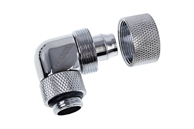 Alt view image 3 of 3 - Alphacool Eiszapfen 3/8" ID x 5/8" OD G1/4 90° Rotatable Compression Fitting - Chrome (17237)