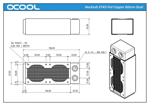 Alt view image 7 of 8 - Alphacool NexXxos XT45 Full Copper Radiator 120, 60mm x 2, Dual Fan, Black, G1/4, 45mm (1011595)