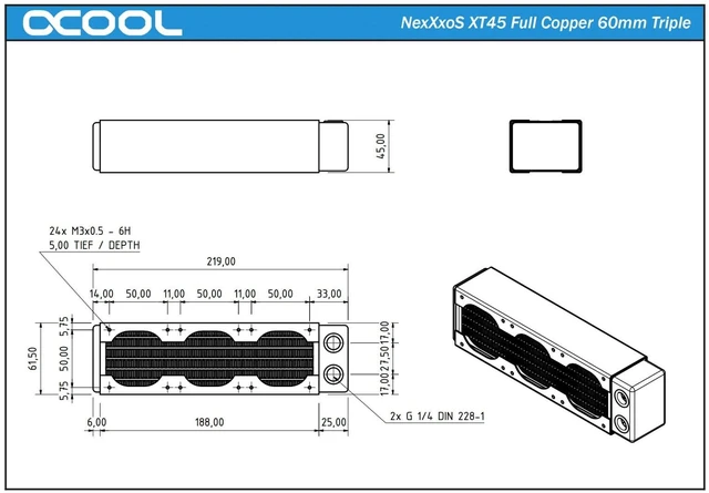 Alt view image 8 of 9 - Alphacool NexXxos XT45 Full Copper Radiator 180, 60mm x 3, Triple Fan, Black, G1/4, 45mm (14224)