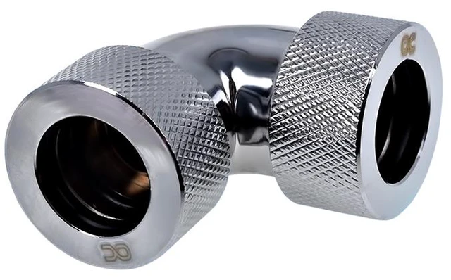 Main image of Alphacool HT 16mm HardTube Compression Fitting 90° Elbow for Acrylic, Brass, Borosilicate or Carbon Tubes - Knurled - Chrome (17297)