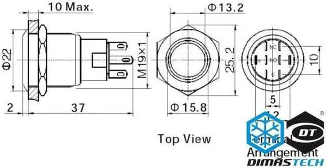 Alt view image 3 of 4 - DimasTech® 19mm Vandal Resistant "Latching" Bulgin Switch - Black Housing - Red LED (PD040)