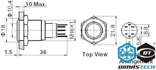 Alt view image 5 of 6 - DimasTech® 16mm Vandal Resistant "Latching" Bulgin Switch - Silver Housing - Red LED (PD008)