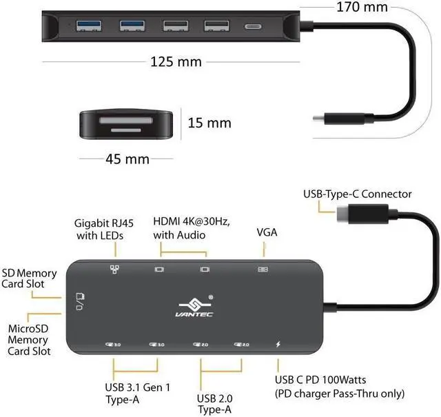 Alt view image 3 of 6 - Vantec Link USB C Multi-Function Hub With 100W Power Delivery