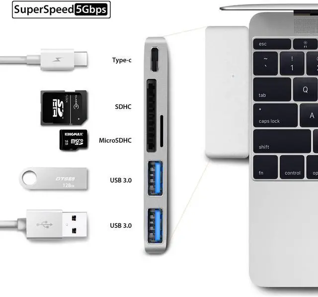 Alt view image 4 of 6 - KOPPLEN Type-C Hub with Power Delivery, 2 Super Speed USB 3.0 Ports, SD + Micro-SD Card Reader Support MacBook (2015) MacBooK Pro (2016) - (Gold)