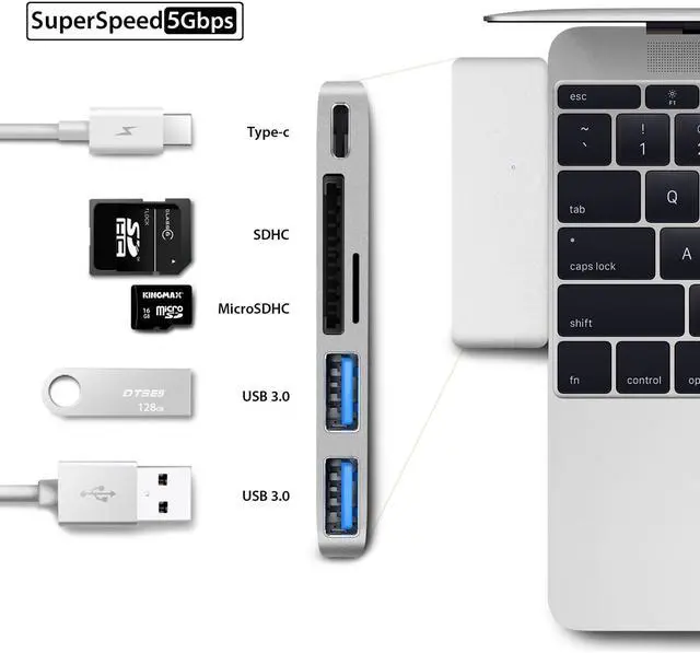 Alt view image 4 of 6 - KOPPLEN Type-C Hub with Power Delivery, 2 Super Speed USB 3.0 Ports, SD + Micro-SD Card Reader Support MacBook (2015) MacBooK Pro (2016) - (Rose Gold)