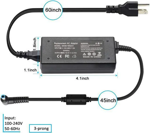 Alt view image 4 of 7 - 45W 19.5V 2.31A AC Adapter Laptop Charger for HP Pavilion 11 13 15 X360 M3 touchsmart 15 15-f272wm 15-f387wm 15-f009wm 15-f024wm elitebook Folio 1040 G1 G2 G3 Spectre ultrabook 13 Stream 13 14