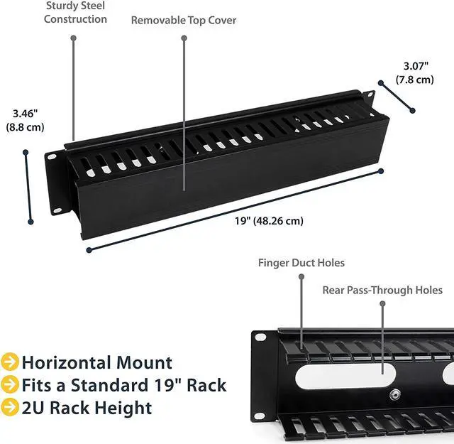 Alt view image 2 of 3 - Horizontal 2U Server Rack Cable Management Finger Duct w/ Cover - 19" Network Rack Wire Duct Raceway Panel - Slotted Wire Duct (CMDUCT2U),Bla