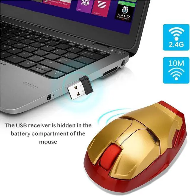 Alt view image 4 of 6 - Ergonomic Wireless Mouse Cool Iron Man Mouse 2.4G Portable Mobile Computer Click Silent Mouse Optical Mice with USB Receiver, Black or Golden for Notebook PC Laptop Computer Mac Book, Add a Keychain