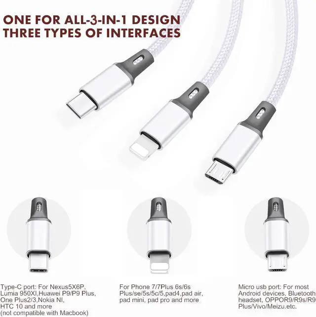Alt view image 2 of 7 - Multi USB Charging Cable 3A, 3 in 1 Fast Charger Cord Connector with Dual Phone/Type C/Micro USB Port Adapter, Compatible with Tablets Phone 12 11 Pro 8 7 6 Samsung Galaxy (4FT/2Pack Charging Only)