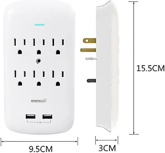 Alt view image 2 of 7 - Oviitech 6 Outlet Surge Protector,900 Joules Wall Adapter Tap with 2 USB Charger, Dual 3.1A USB Ports, 3-Prong Wall Mount Outlet Plugs,ETL Listed,White