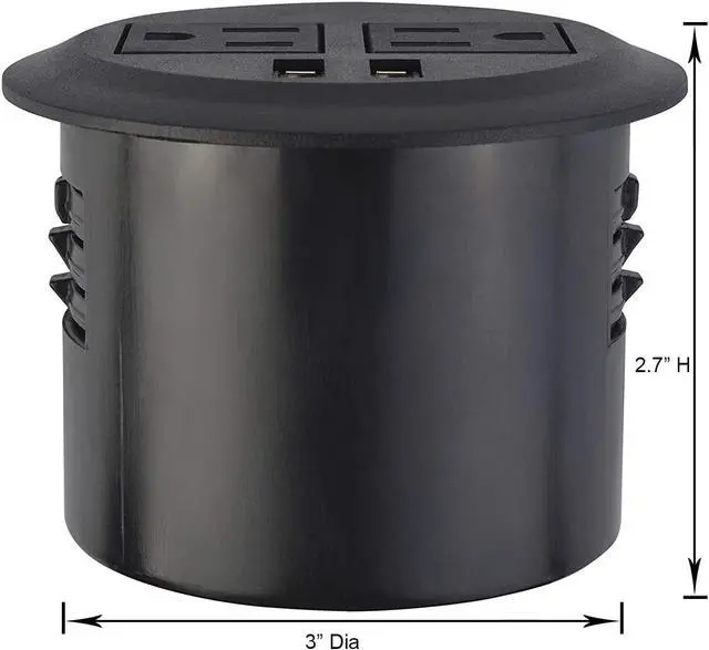 Alt view image 4 of 7 - Kungfuking Desktop Power Grommet Power Outlet Socket Desk Data Center 2 Outlet with 2 USB Ports with 10 FT Extension Cord Black