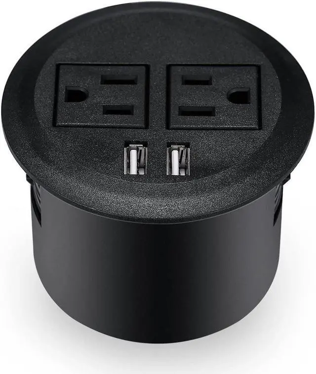 Main image of Kungfuking Desktop Power Grommet Power Outlet Socket Desk Data Center 2 Outlet with 2 USB Ports with 10 FT Extension Cord Black