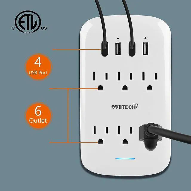 Alt view image 3 of 5 - oviitech 6 Outlet Extender with 4 USB Charging Ports(4.2A Total),Wall Mount Outlet Plugs 900 Joules Wall Surge Protector and Top Phone Holder,ETL Listed,White.