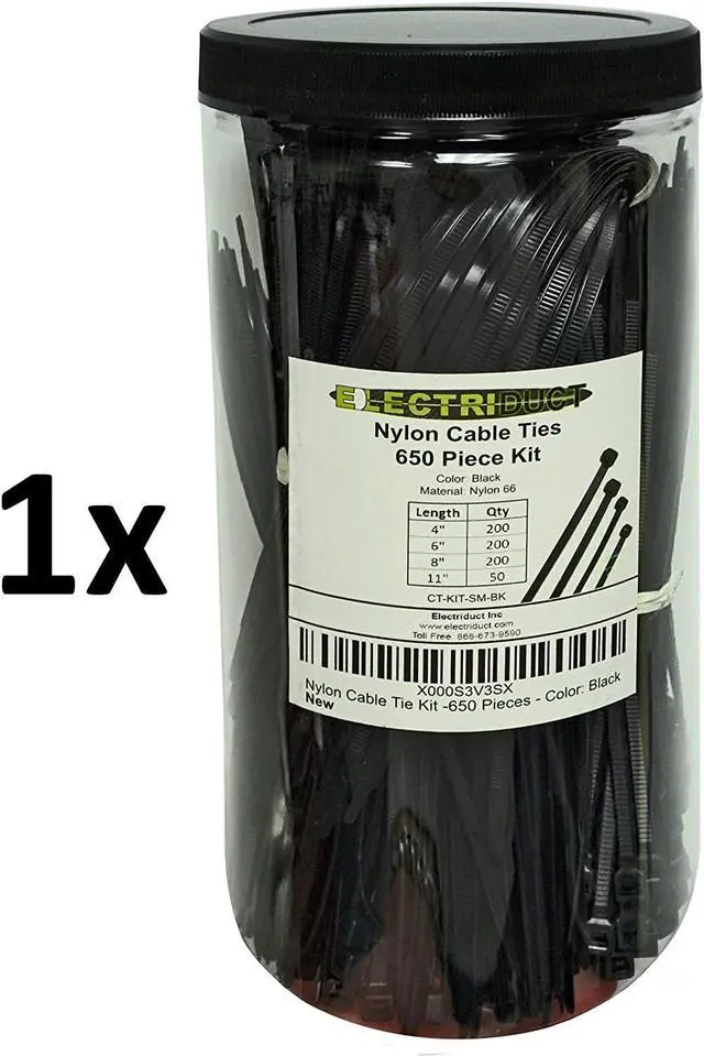 Alt view image 2 of 3 - Electriduct Nylon Cable Tie Kit - 650 Zip Ties - Assorted Lengths 4", 6", 8", 11" - Black