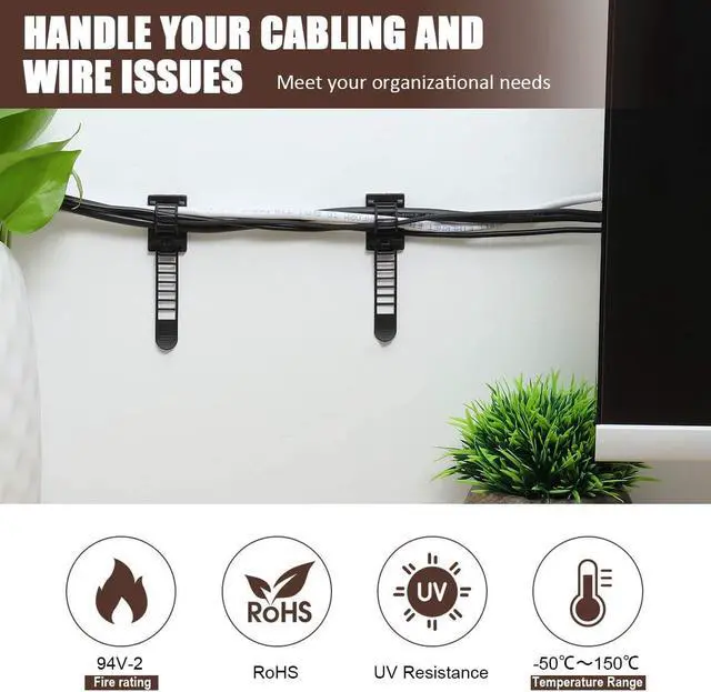 Alt view image 2 of 7 - Adhesive Cable Management Clips 50Pcs Adjustable Nylon Cable Strap Ties Wire Clips Clamps Organizer with Strong Adhesive Tape Extra Screw & Hole for Strong Fixation Home Office - 3.35 Inch Black
