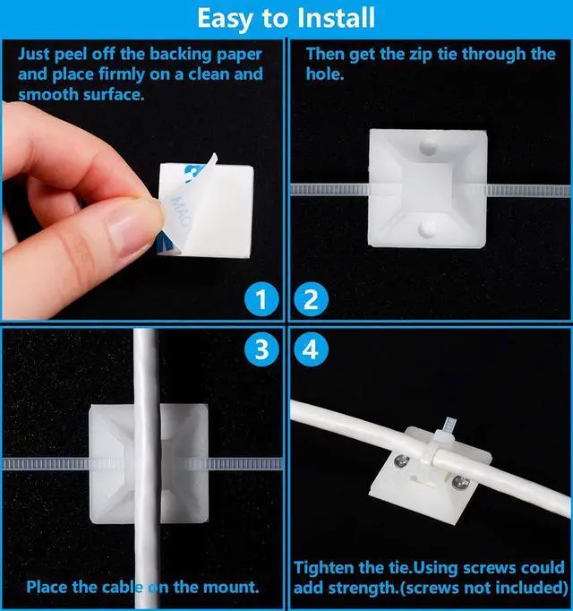 Alt view image 5 of 7 - Cable Tie Mounts Adhesive-Backed 1 Inch for Cable Management Cable Tie Anchors 100 Pack White