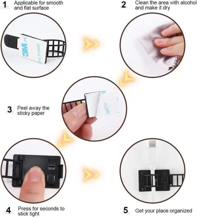 Alt view image 5 of 7 - Adhesive Cable Management Clips 50Pcs Adjustable Nylon Cable Strap Ties Wire Clips Clamps Organizer with Strong Adhesive Tape Extra Screw & Hole for Strong Fixation Home Office - 3.35 Inch Black