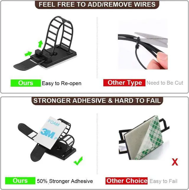 Alt view image 4 of 7 - Adhesive Cable Management Clips 50Pcs Adjustable Nylon Cable Strap Ties Wire Clips Clamps Organizer with Strong Adhesive Tape Extra Screw & Hole for Strong Fixation Home Office - 3.35 Inch Black