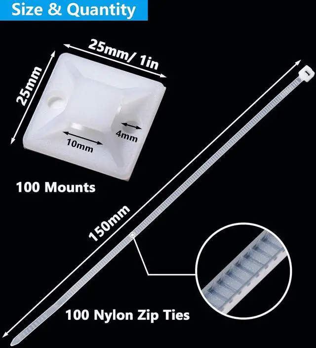 Alt view image 2 of 7 - Cable Tie Mounts Adhesive-Backed 1 Inch for Cable Management Cable Tie Anchors 100 Pack White