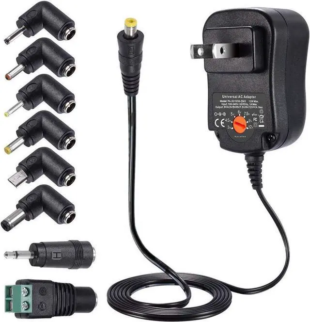 Main image of ZOZO 12W 12 Volt 1 Amp 3V 4.5V 5V 6V 7.5V 9V 12V Power Supply, Universal AC Adapter with 5.5mm x 2.1mm Barrel Plug and 8 Selectable Tips Micro USB 3.5mm Jack for MP3 MP4 Player Headphone Speaker Watch