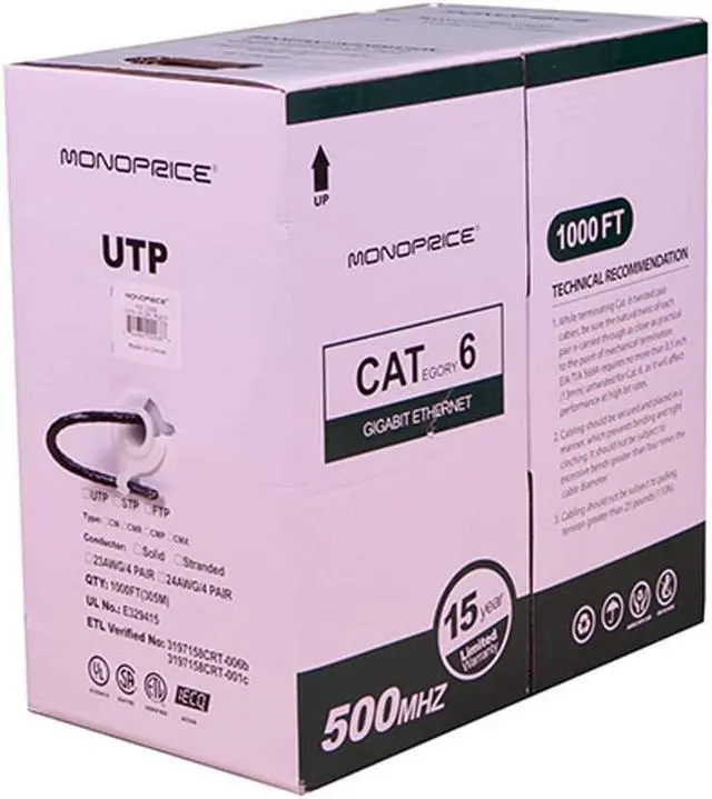 Alt view image 3 of 5 - Monoprice Cat6 Ethernet Bulk Cable - Network Internet Cord - Stranded, 550Mhz, UTP, CM, Pure Bare Copper Wire, 24AWG, 1000ft, Black