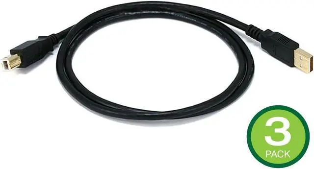 Main image of Monoprice USB Type-A to USB Type-B 2.0 Cable - 3 Feet - Black (3 Pack) 28/24AWG, Gold Plated Connectors, For Printers, Scanners, and other Peripherals