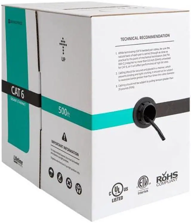 Alt view image 2 of 6 - Monoprice Cat6 Ethernet Bulk Cable - 500 Feet - Black, Solid, 550MHz, UTP, CMR, Riser-Rated, Pure Bare Copper Wire, 23AWG (UL)(TAA)