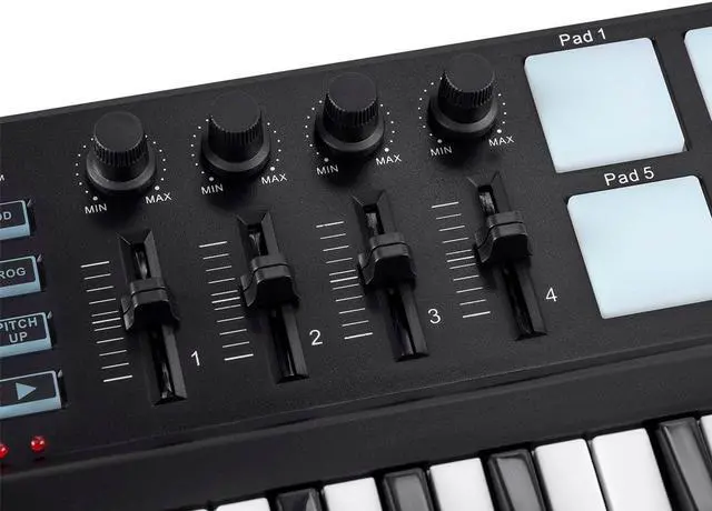 Alt view image 6 of 6 - Monoprice SRK 25 Key Mini USB MIDI Keyboard Controller with 8 Velocity & Pressure Sensitive Pads, 4 Assignable Knobs, 4 Sliders - Stage Right Series