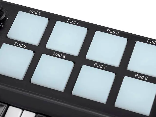 Alt view image 4 of 6 - Monoprice SRK 25 Key Mini USB MIDI Keyboard Controller with 8 Velocity & Pressure Sensitive Pads, 4 Assignable Knobs, 4 Sliders - Stage Right Series