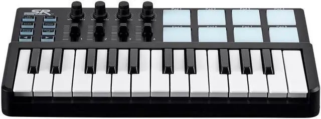 Alt view image 2 of 6 - Monoprice SRK 25 Key Mini USB MIDI Keyboard Controller with 8 Velocity & Pressure Sensitive Pads, 4 Assignable Knobs, 4 Sliders - Stage Right Series