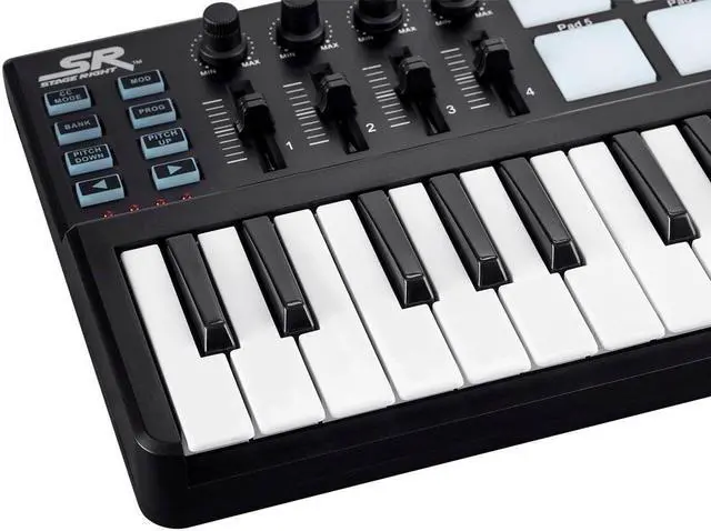 Alt view image 3 of 6 - Monoprice SRK 25 Key Mini USB MIDI Keyboard Controller with 8 Velocity & Pressure Sensitive Pads, 4 Assignable Knobs, 4 Sliders - Stage Right Series