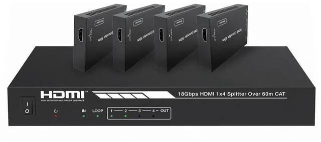 Main image of Monoprice Blackbird 4K HDMI 2.0 1x4 Splitter Extender Kit | 18Gbps, HDR, 4K@60Hz, Cat7 With IR, Loop Out, EDID, POC & 4 Receivers, Up to 60 Meter (197ft)