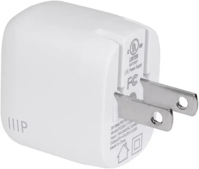 Alt view image 2 of 6 - Monoprice USB-C Charger, 20W 1-port PD GaN Technology Foldable Wall Charger White, Power Delivery for MacBook Pro/Air, iPad Pro, iPhone 12/11/Pro/Max/XR/XS/X, Pixel, Galaxy, and More