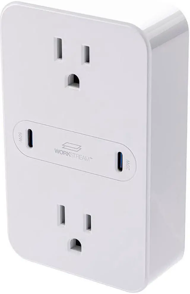 Main image of Monoprice 2-Outlet Wall Tap Power Strip with USB-C PD 50W + 20W Power Delivery, Wall Mountable, For Laptops and Mobile Phones - Workstream Collection